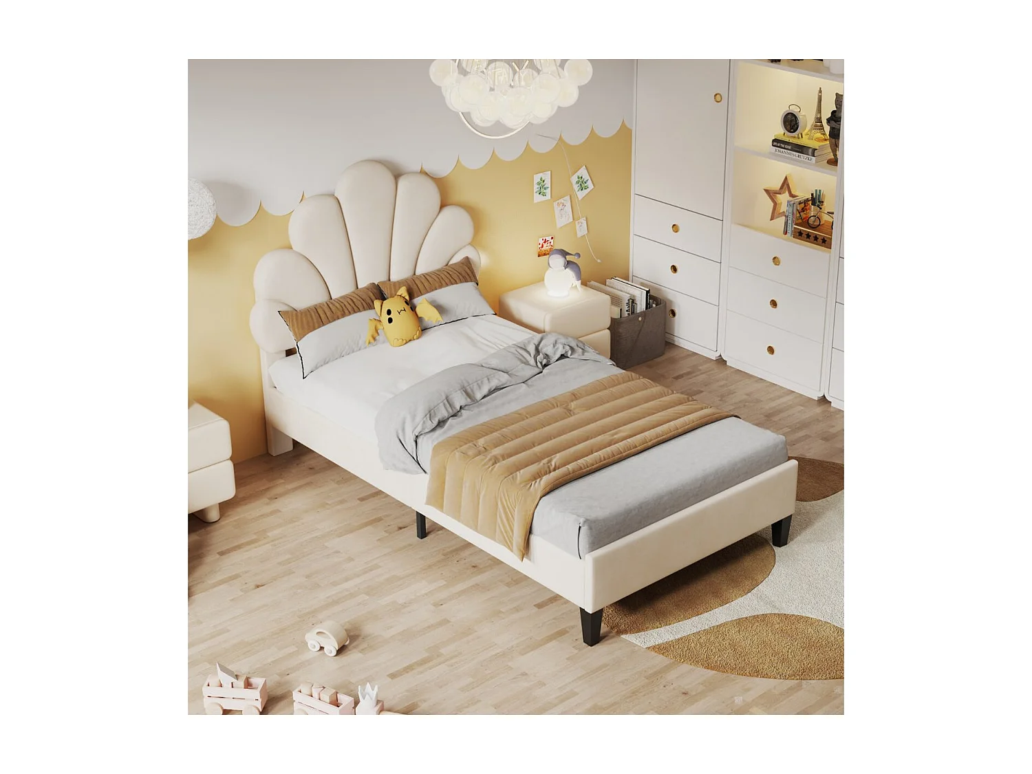 Lit enfant - 90 x 200 cm - Tête de lit fleur rembourrée en velours - Beige avec sommier