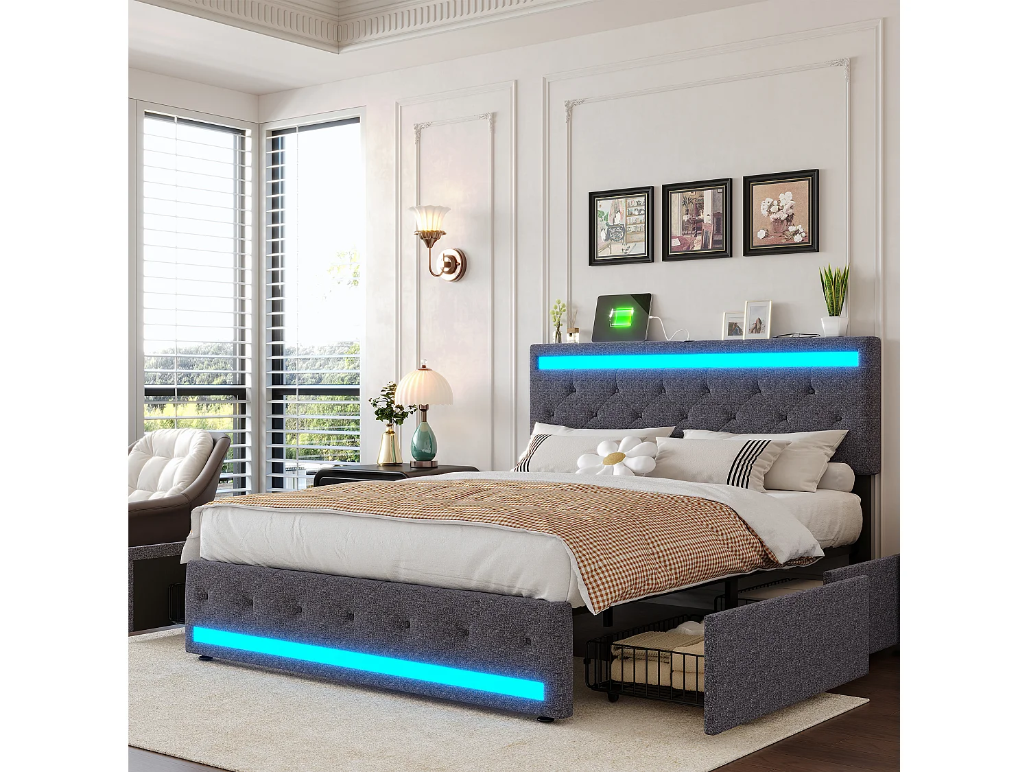Lit coffre 160 x 200 cm - Tissu lin Gris - LED, USB et tête de lit avec étagères