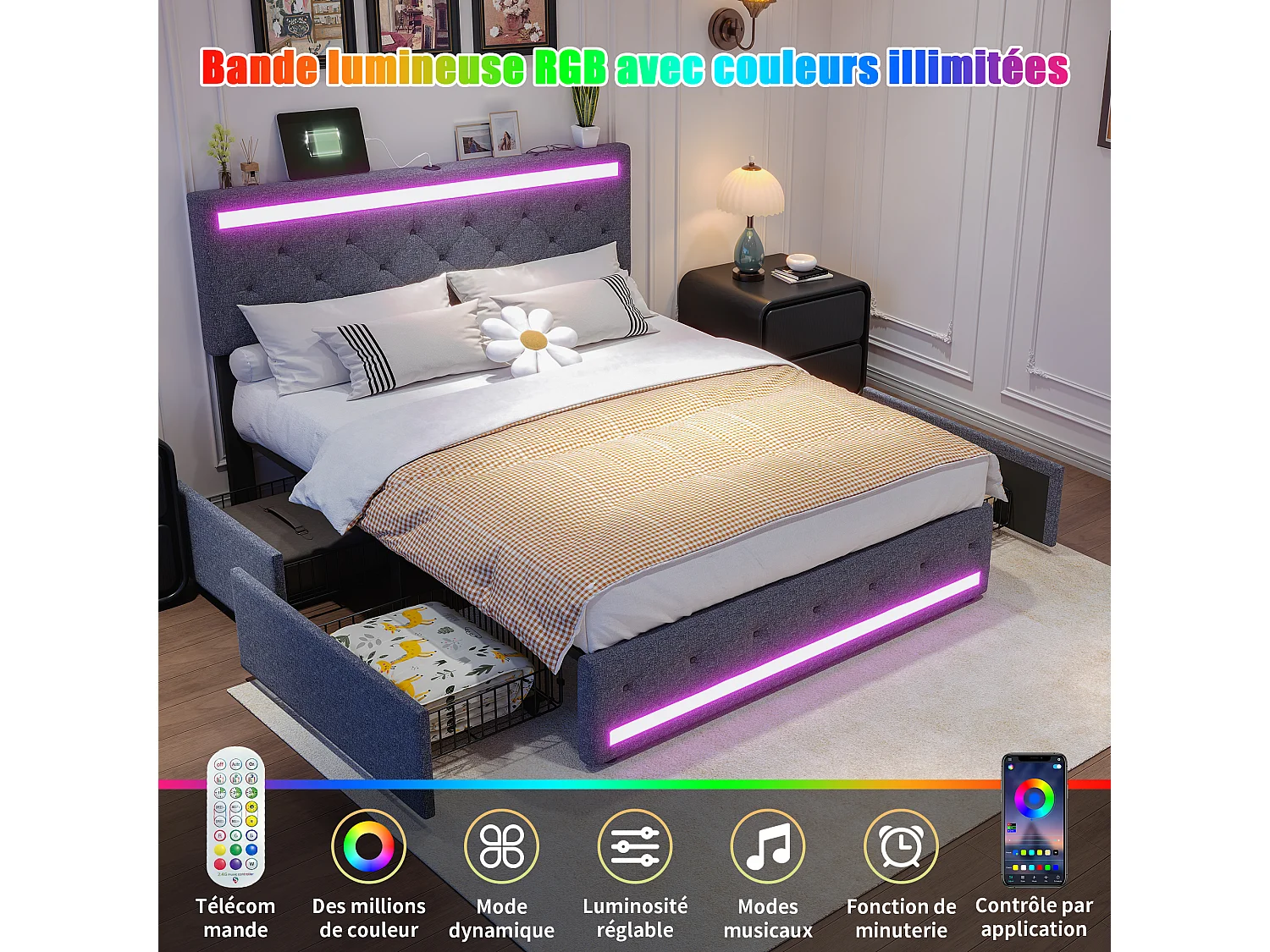 Lit coffre 160 x 200 cm - Tissu lin Gris - LED, USB et tête de lit avec étagères