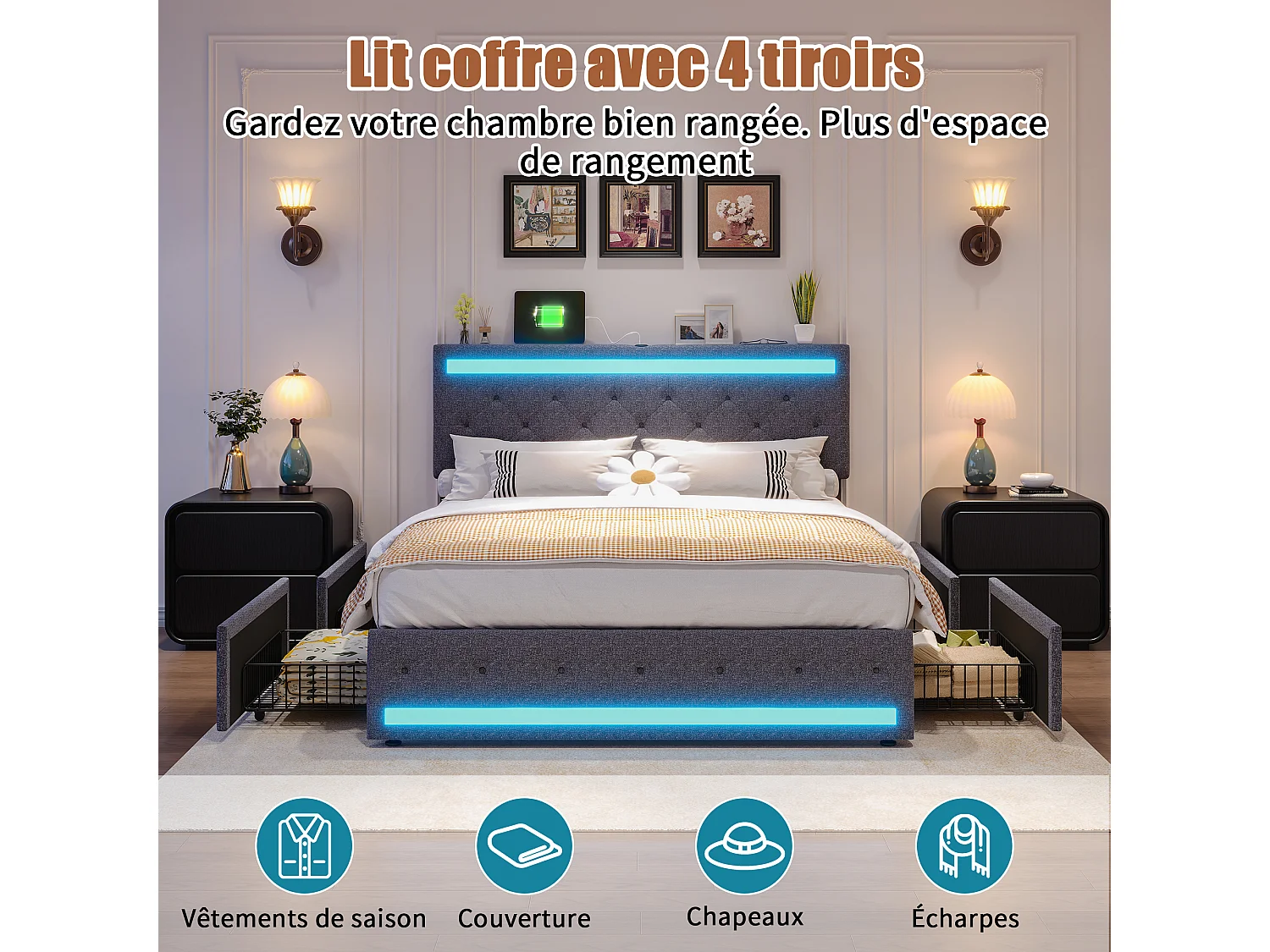 Lit coffre 160 x 200 cm - Tissu lin Gris - LED, USB et tête de lit avec étagères