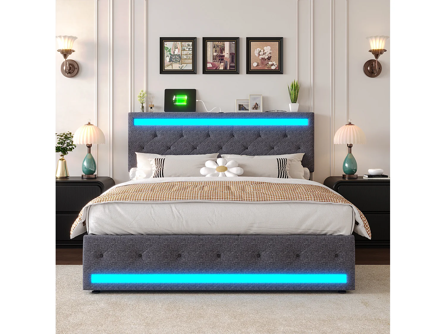 Lit coffre 160 x 200 cm - Tissu lin Gris - LED, USB et tête de lit avec étagères