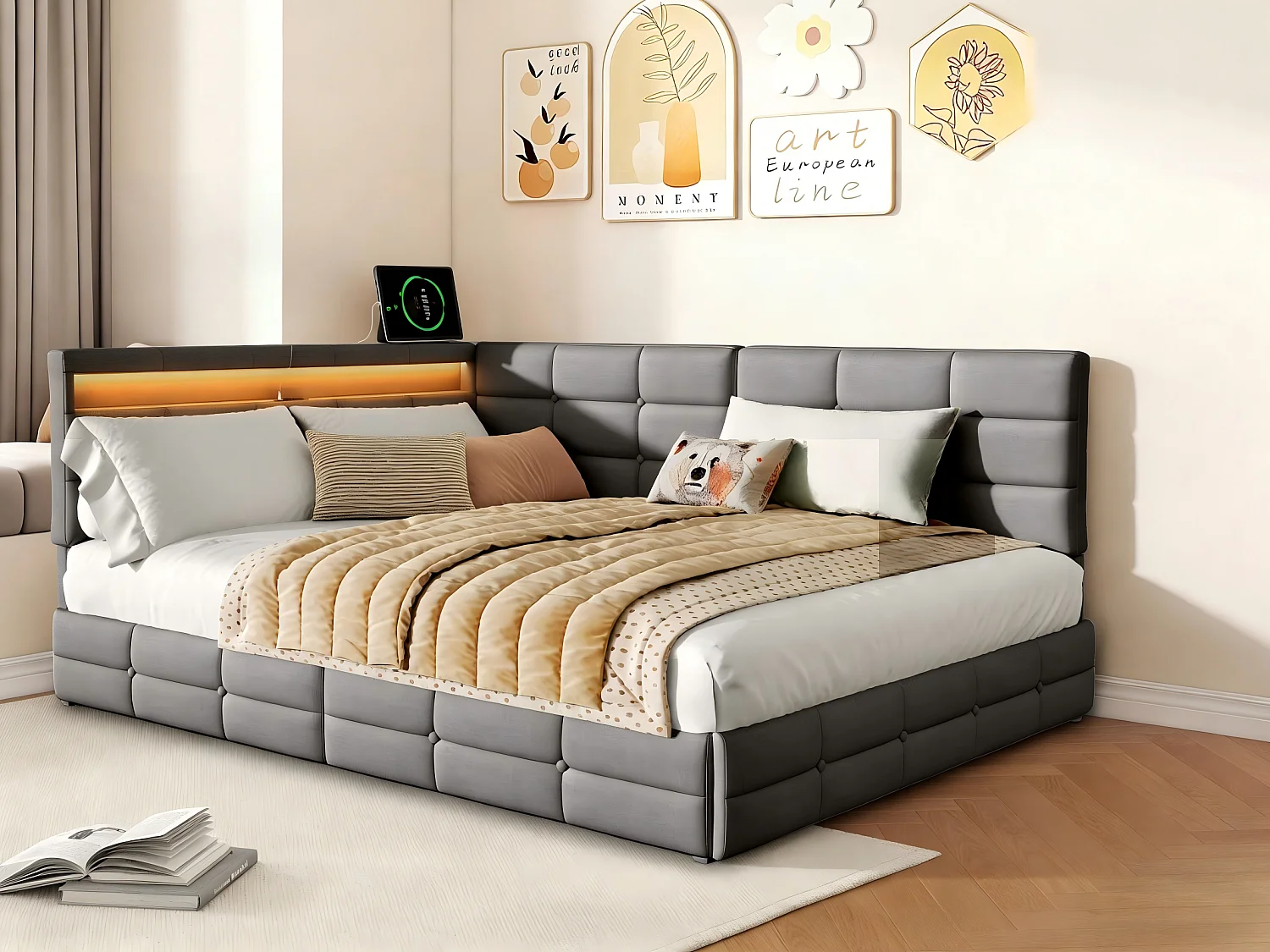 Lit avec rangement 90x200 cm en tissu beige - tête de lit capitonnée avec LED - avec sommier à lattes - lit rembourré à tiroirs
