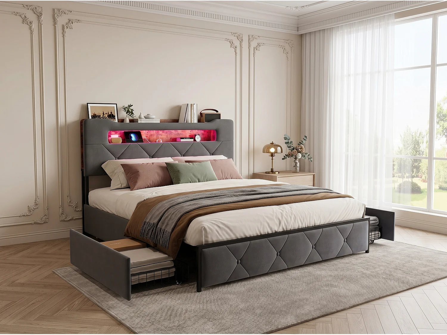 Lit rembourré 140x200 cm - LED et USB - 4 tiroirs - tête de lit avec rangement - métal et bois gris