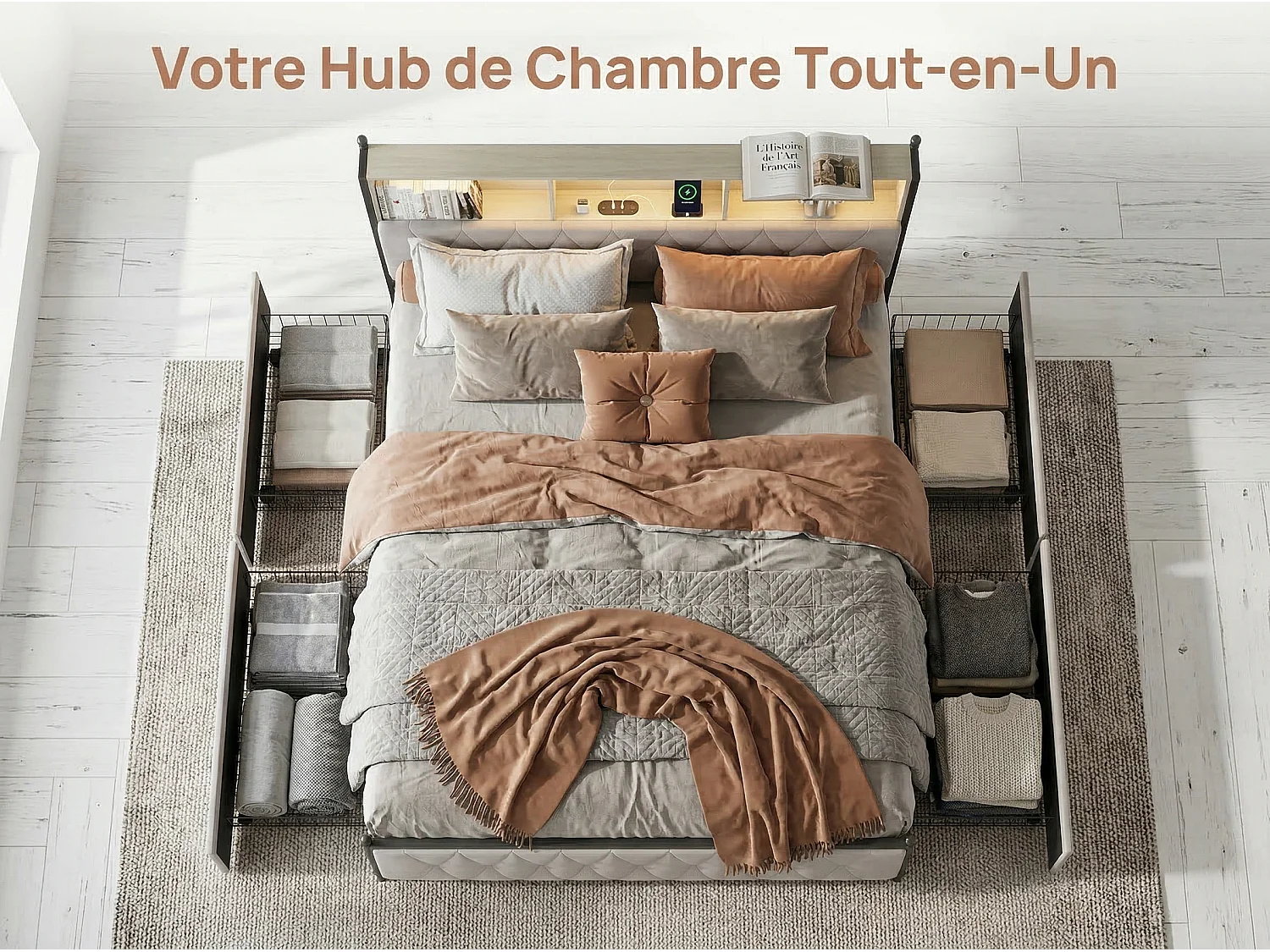 Lit 140x200 adulte avec tête de lit capitonnée beige – Lit double étagères et tiroirs de rangement–sommier à lattes