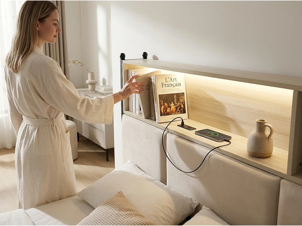Lit 140x200 adulte avec tête de lit capitonnée beige – Lit double étagères et tiroirs de rangement–sommier à lattes