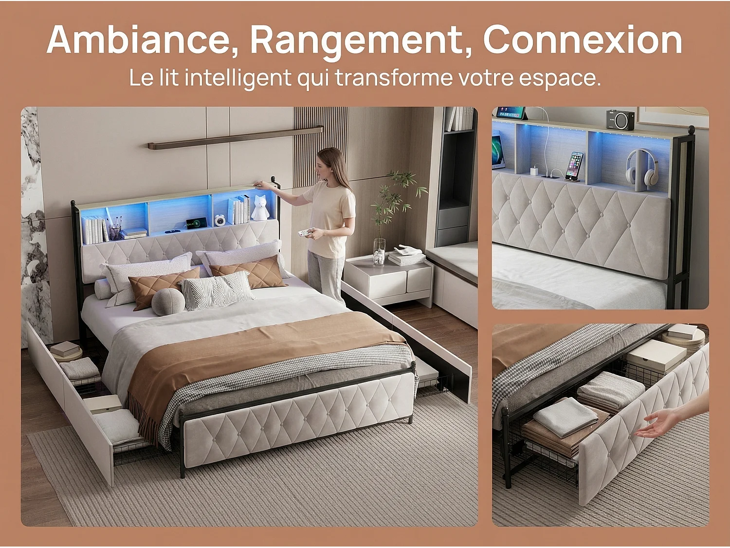 Lit 140x200 adulte avec tête de lit capitonnée beige – Lit double étagères et tiroirs de rangement–sommier à lattes