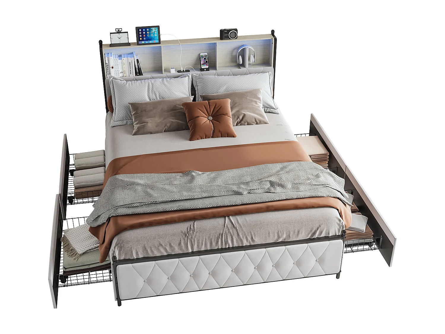 Lit 140x200 adulte avec tête de lit capitonnée beige – Lit double étagères et tiroirs de rangement–sommier à lattes