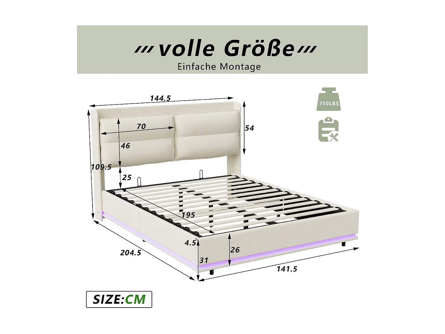 Lit rembourré 160x200 cm - Lit double avec LED RGB intégrée - Velours beige - Sommier à lattes inclus