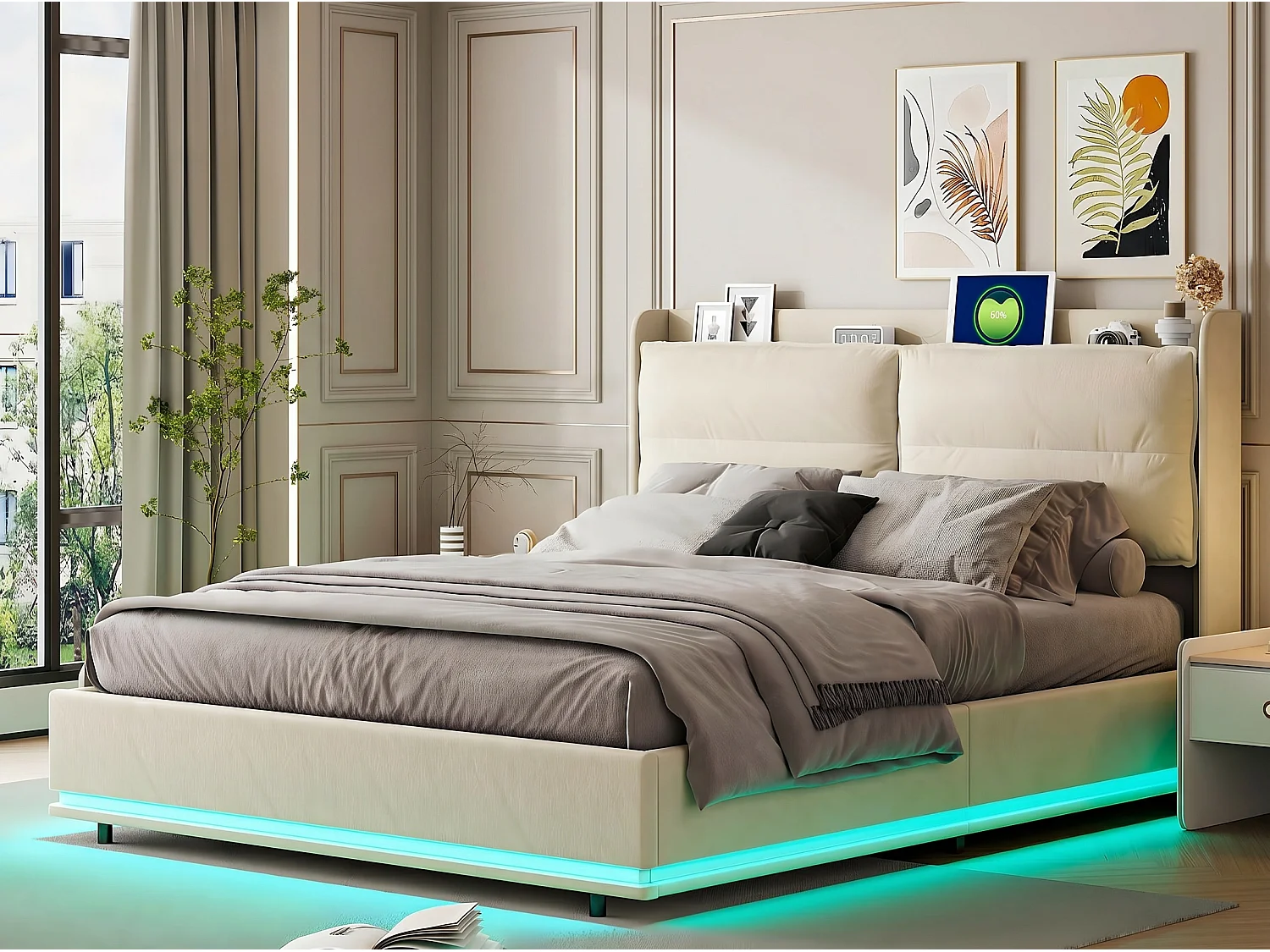 Lit rembourré 160x200 cm - Lit double avec LED RGB intégrée - Velours beige - Sommier à lattes inclus