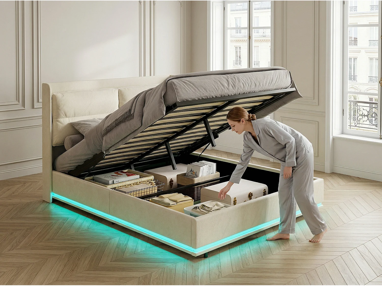 Lit rembourré 160x200 cm - Lit double avec LED RGB intégrée - Velours beige - Sommier à lattes inclus