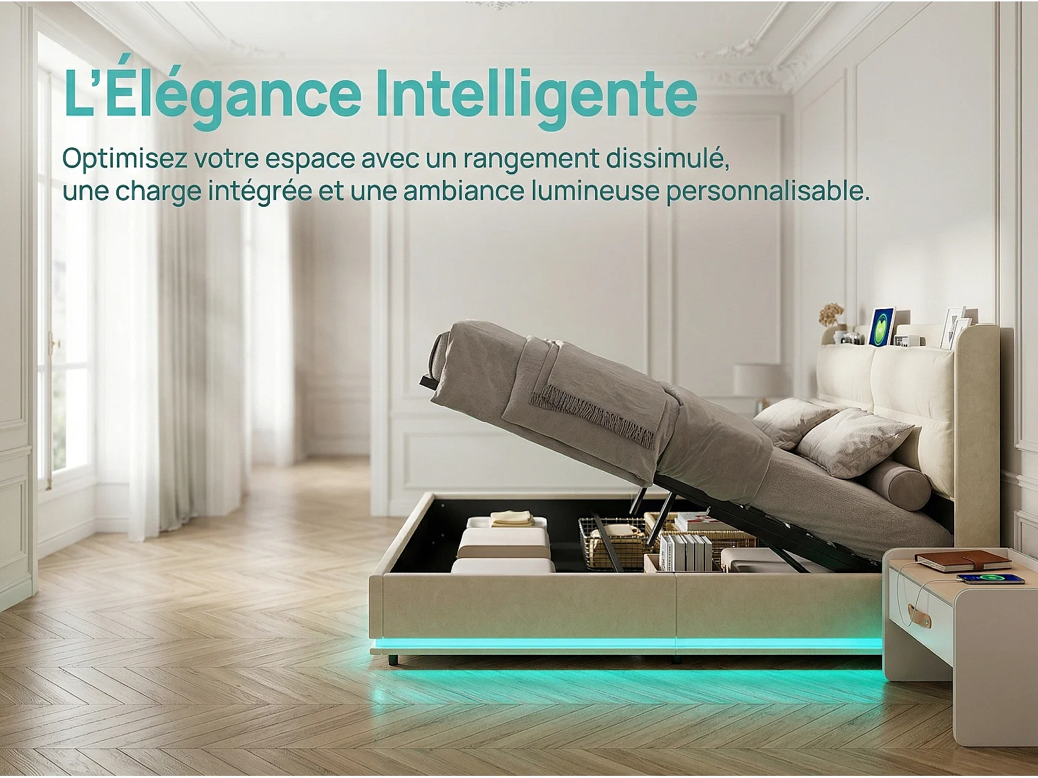 Lit rembourré 160x200 cm - Lit double avec LED RGB intégrée - Velours beige - Sommier à lattes inclus