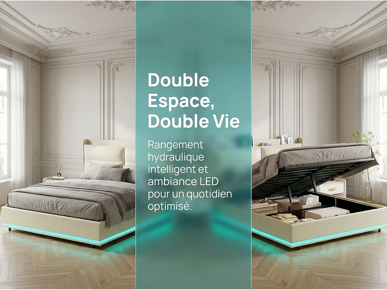 Lit rembourré 160x200 cm - Lit double avec LED RGB intégrée - Velours beige - Sommier à lattes inclus