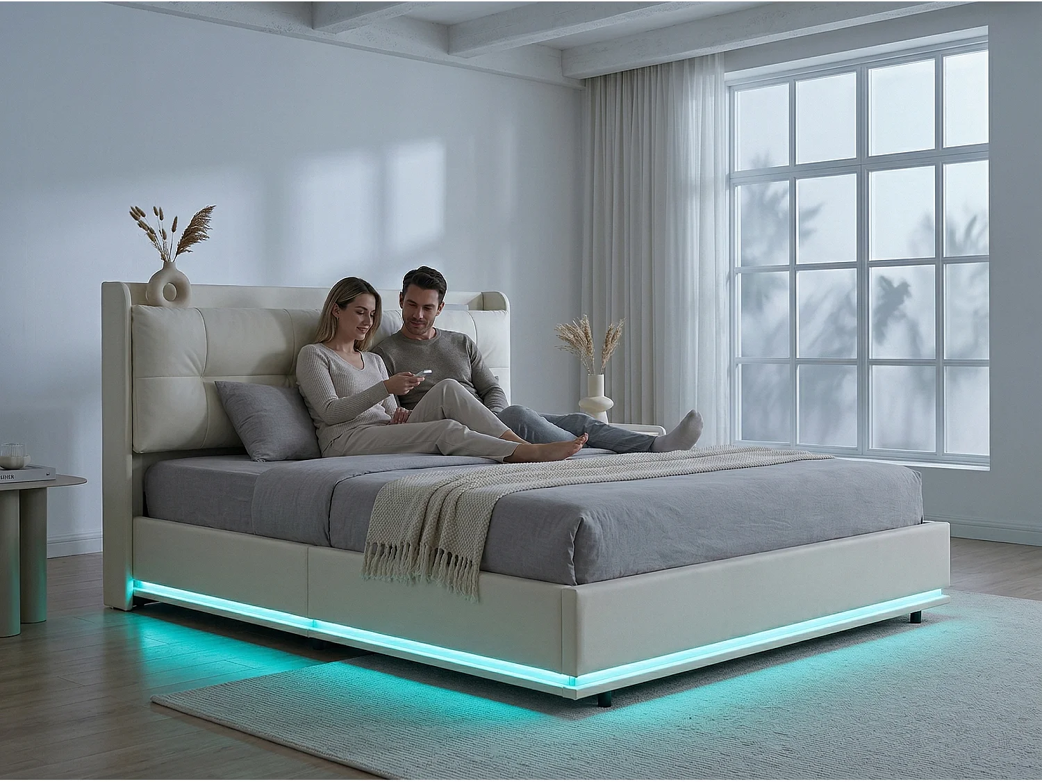 Lit rembourré 160x200 cm - Lit double avec LED RGB intégrée - Velours beige - Sommier à lattes inclus