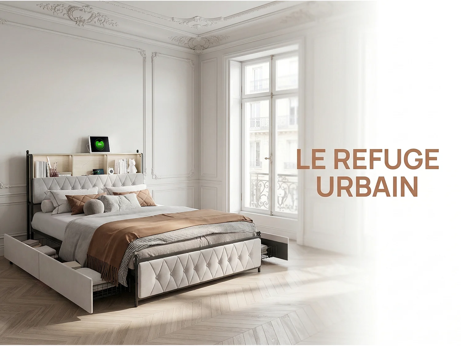 Lit rembourré 160x200 cm - Beige - LED RGB, USB Type-C, rangement et 4 tiroirs