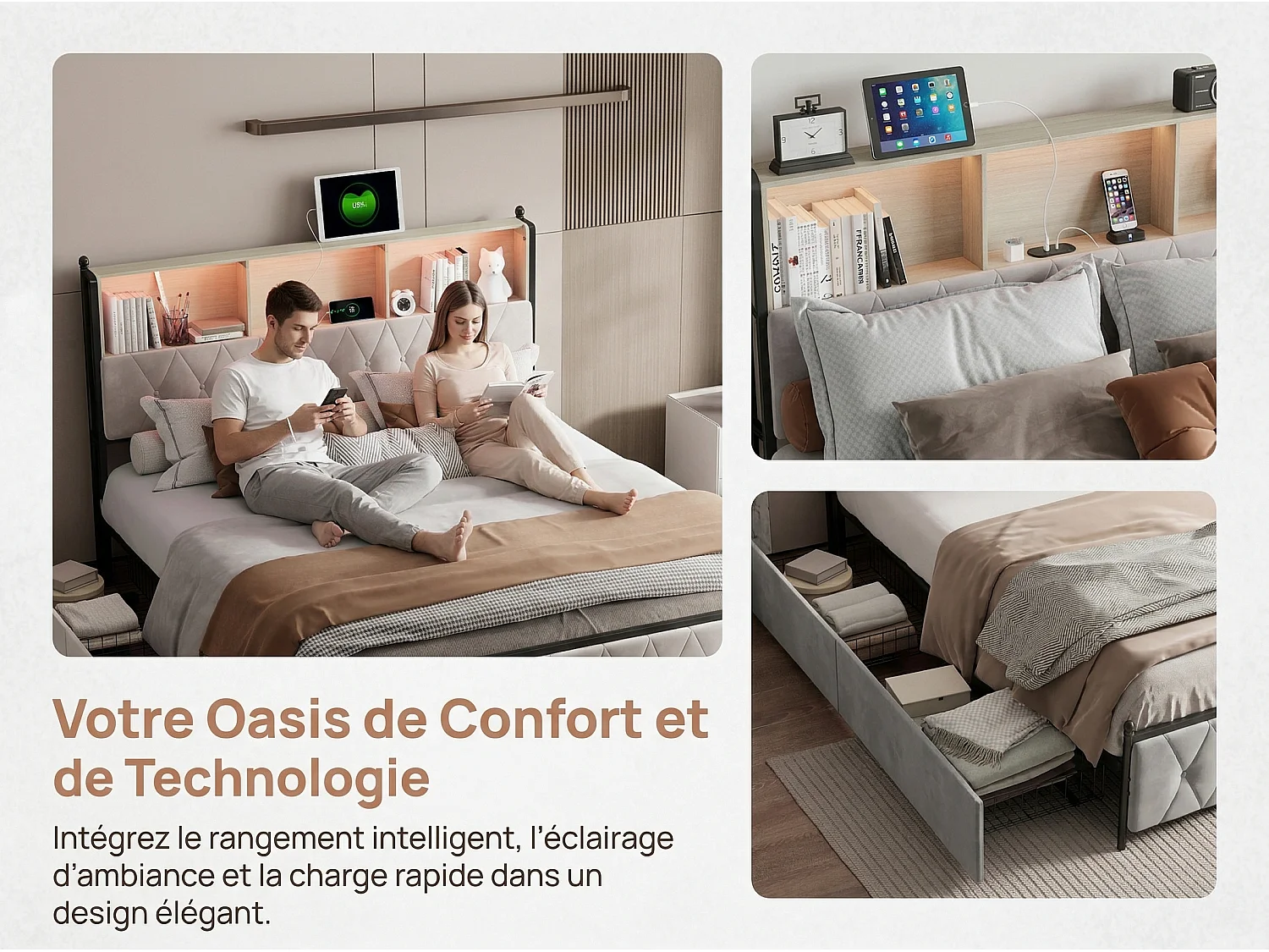 Lit rembourré 160x200 cm - Beige - LED RGB, USB Type-C, rangement et 4 tiroirs
