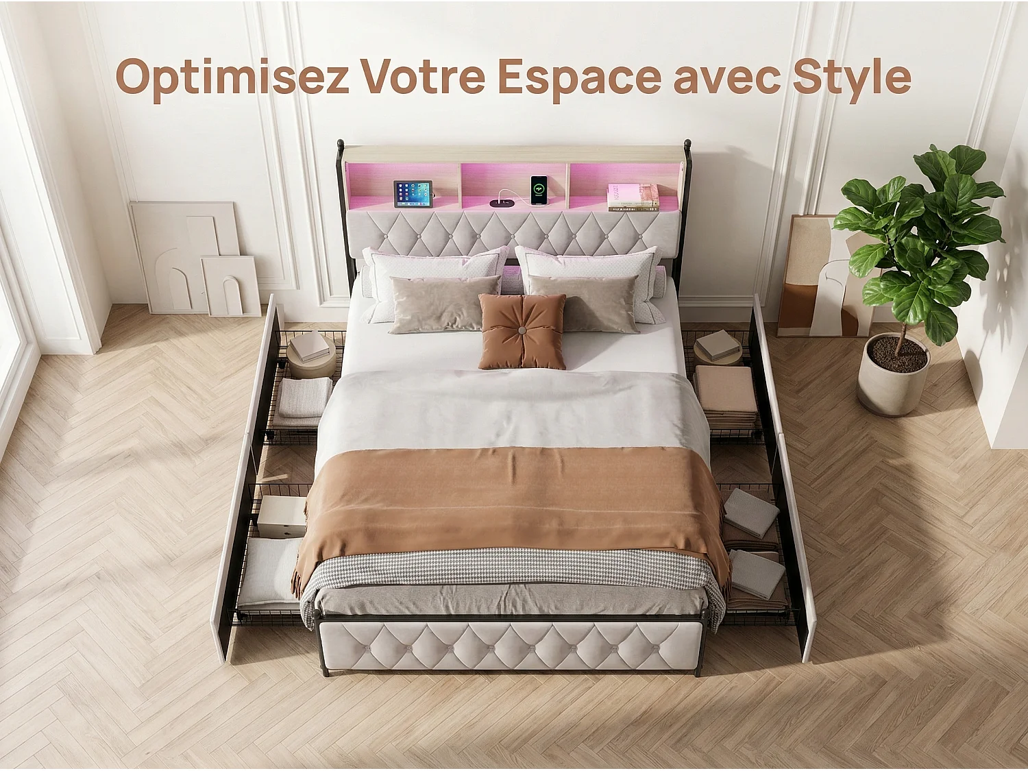 Lit rembourré 160x200 cm - Beige - LED RGB, USB Type-C, rangement et 4 tiroirs