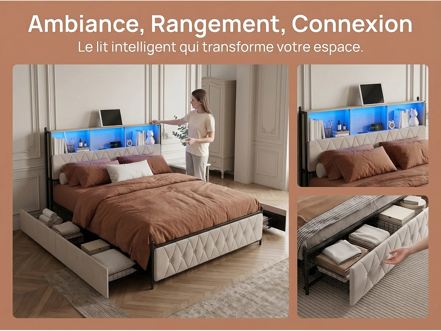 Lit rembourré 160x200 cm - Beige - LED RGB, USB Type-C, rangement et 4 tiroirs