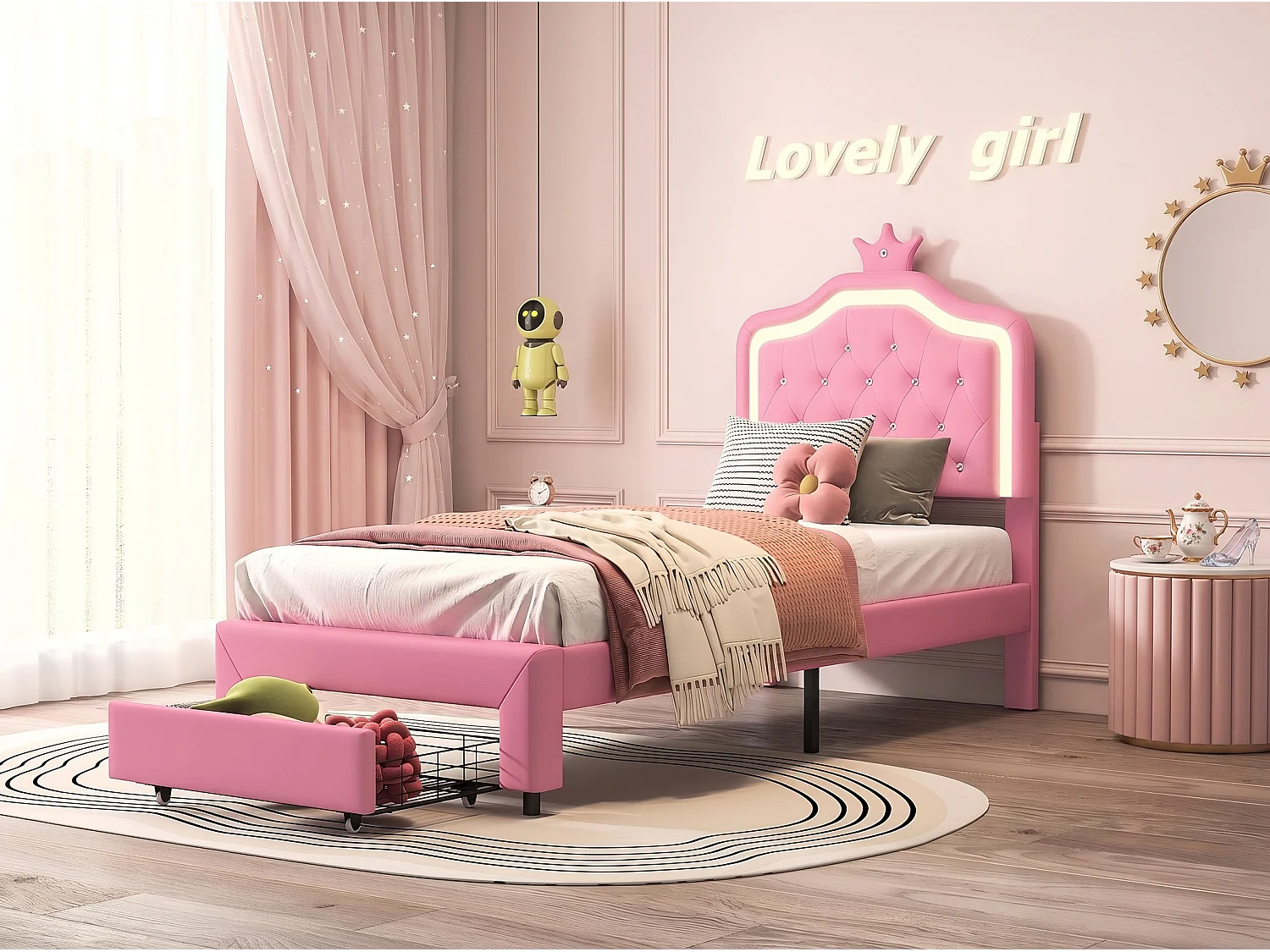Lit enfant princesse - 90x200cm - avec LED RGB et rangement - Rose