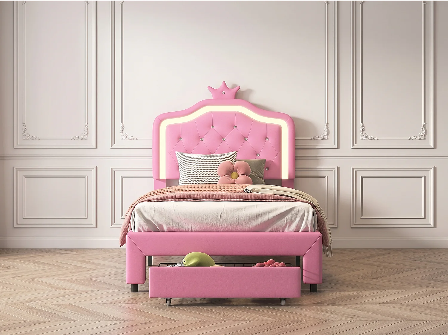 Lit enfant princesse - 90x200cm - avec LED RGB et rangement - Rose
