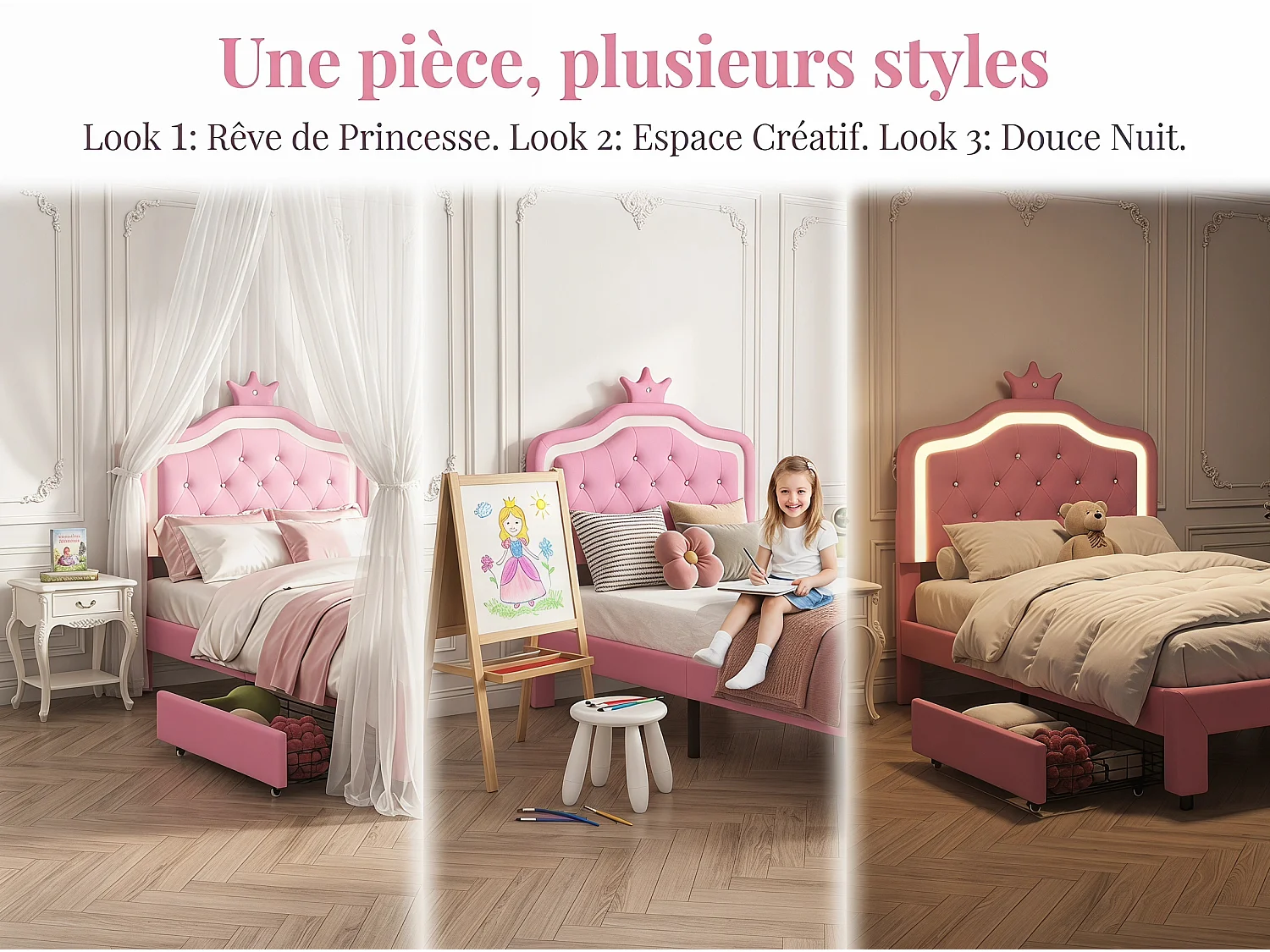 Lit enfant princesse - 90x200cm - avec LED RGB et rangement - Rose