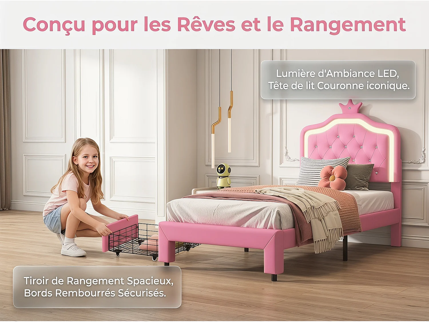 Lit enfant princesse - 90x200cm - avec LED RGB et rangement - Rose