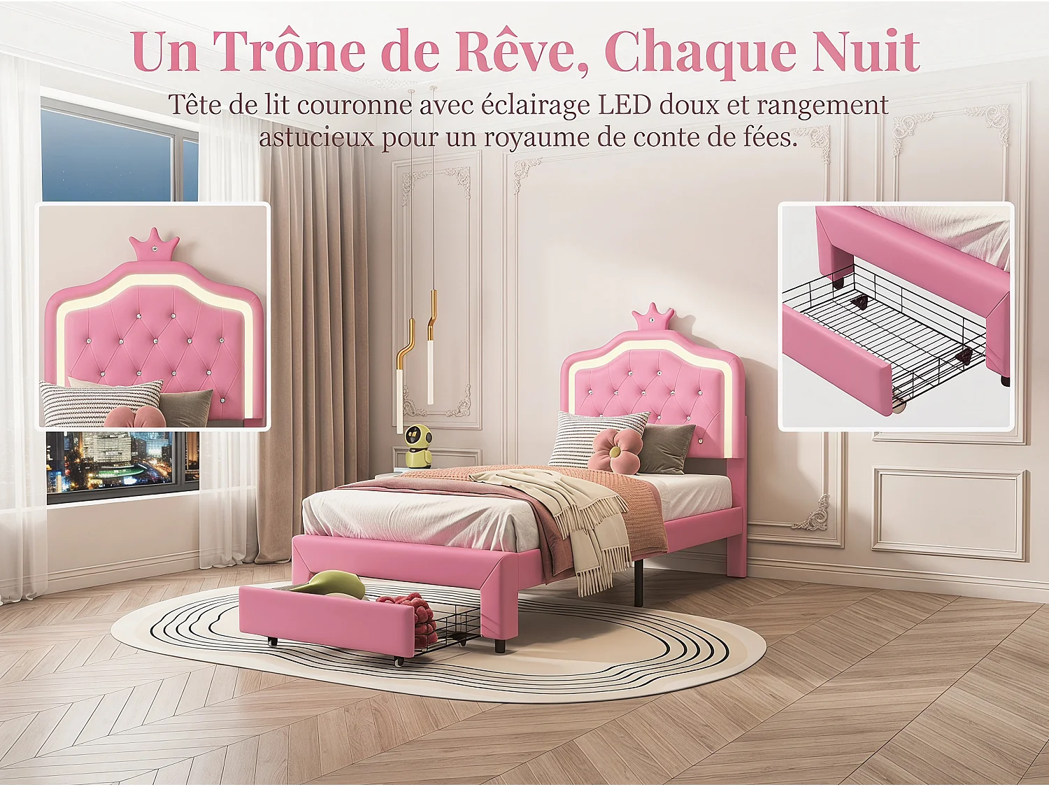 Lit enfant princesse - 90x200cm - avec LED RGB et rangement - Rose