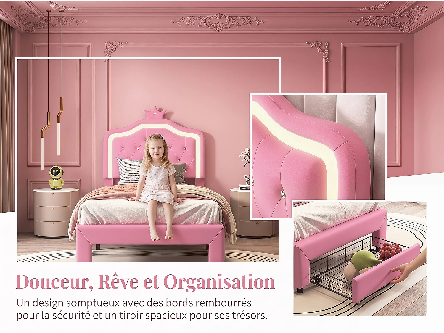 Lit enfant princesse - 90x200cm - avec LED RGB et rangement - Rose