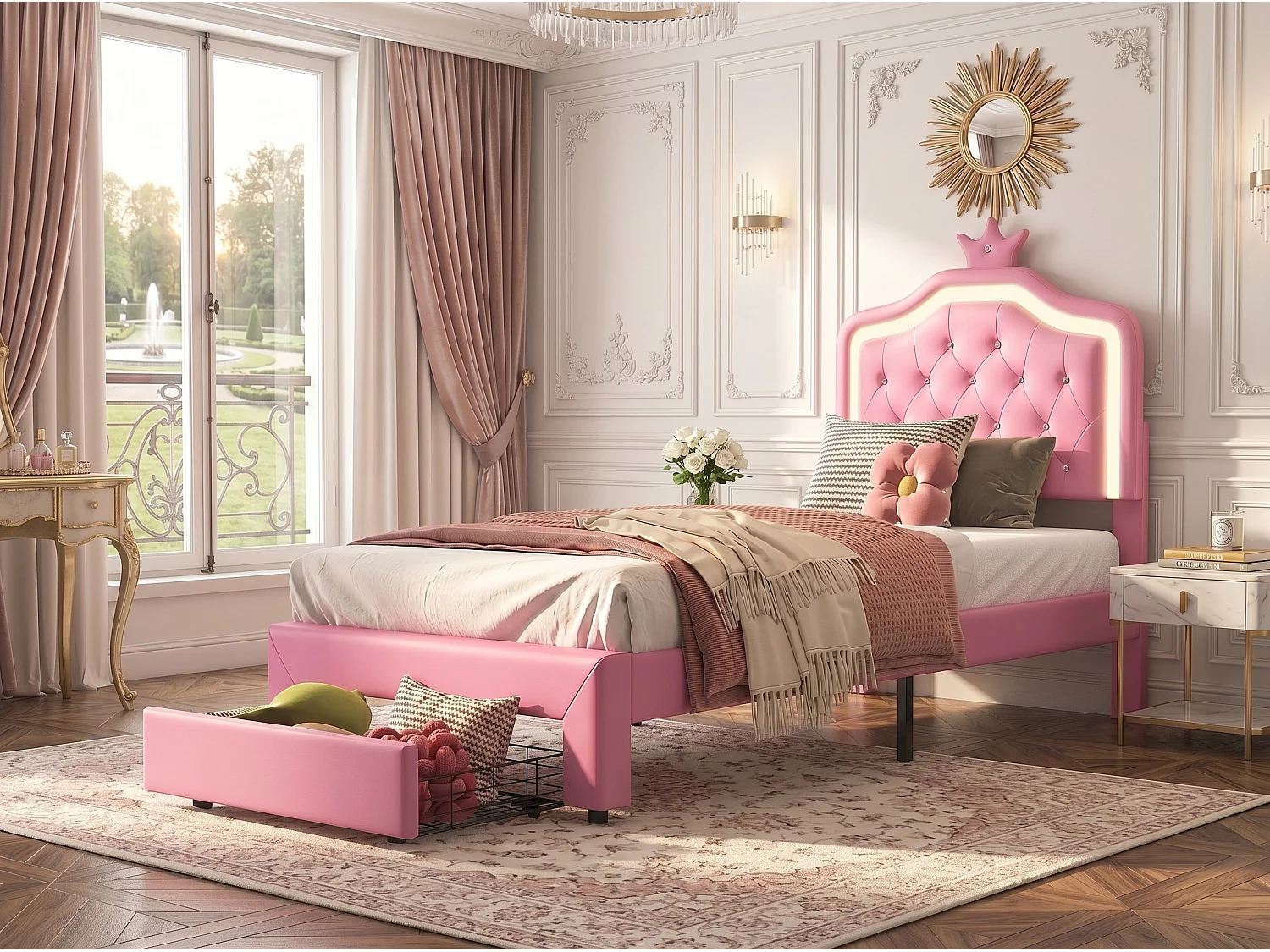 Lit enfant princesse - 90x200cm - avec LED RGB et rangement - Rose