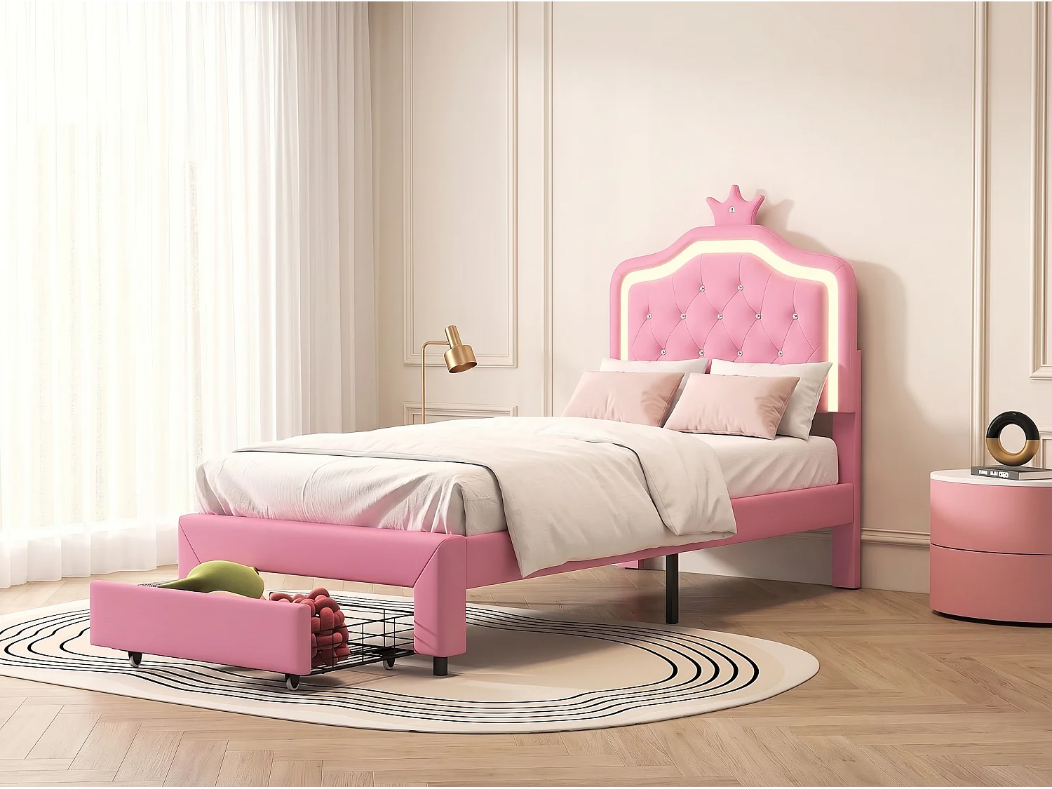 Lit enfant 140x200 cm - éclairage LED RGB - blanc style princesse - avec rangement