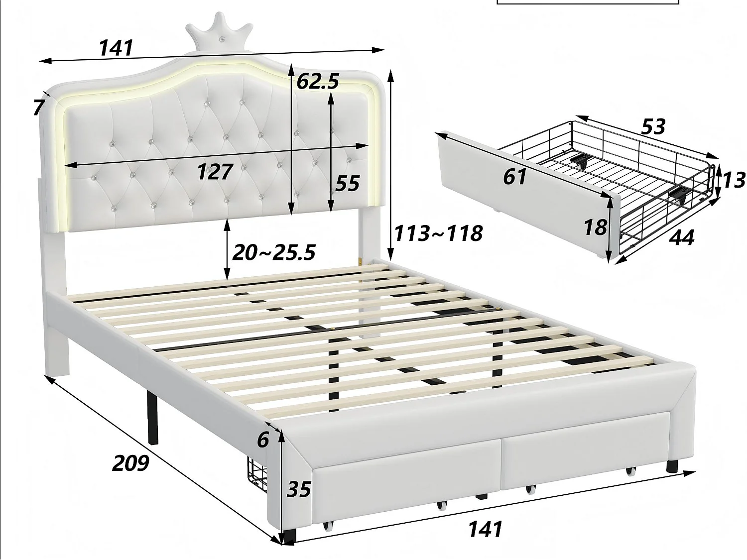 Lit enfant 140x200 cm - éclairage LED RGB - blanc style princesse - avec rangement