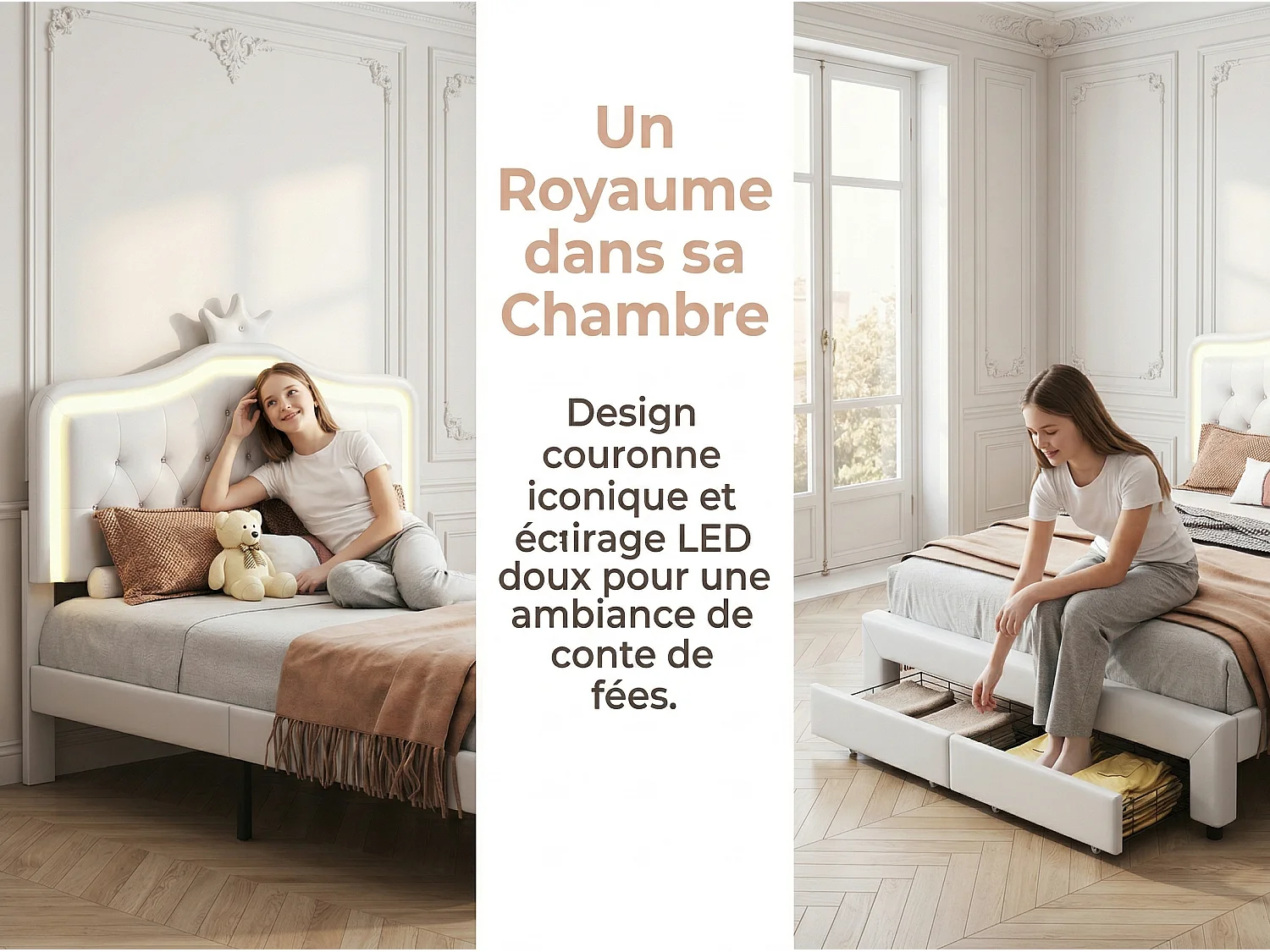 Lit enfant 140x200 cm - éclairage LED RGB - blanc style princesse - avec rangement