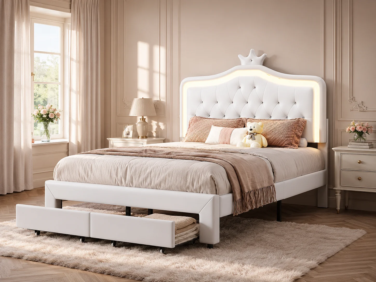 Lit enfant 140 x 200 cm - Blanc style princesse - LED RGB et rangement
