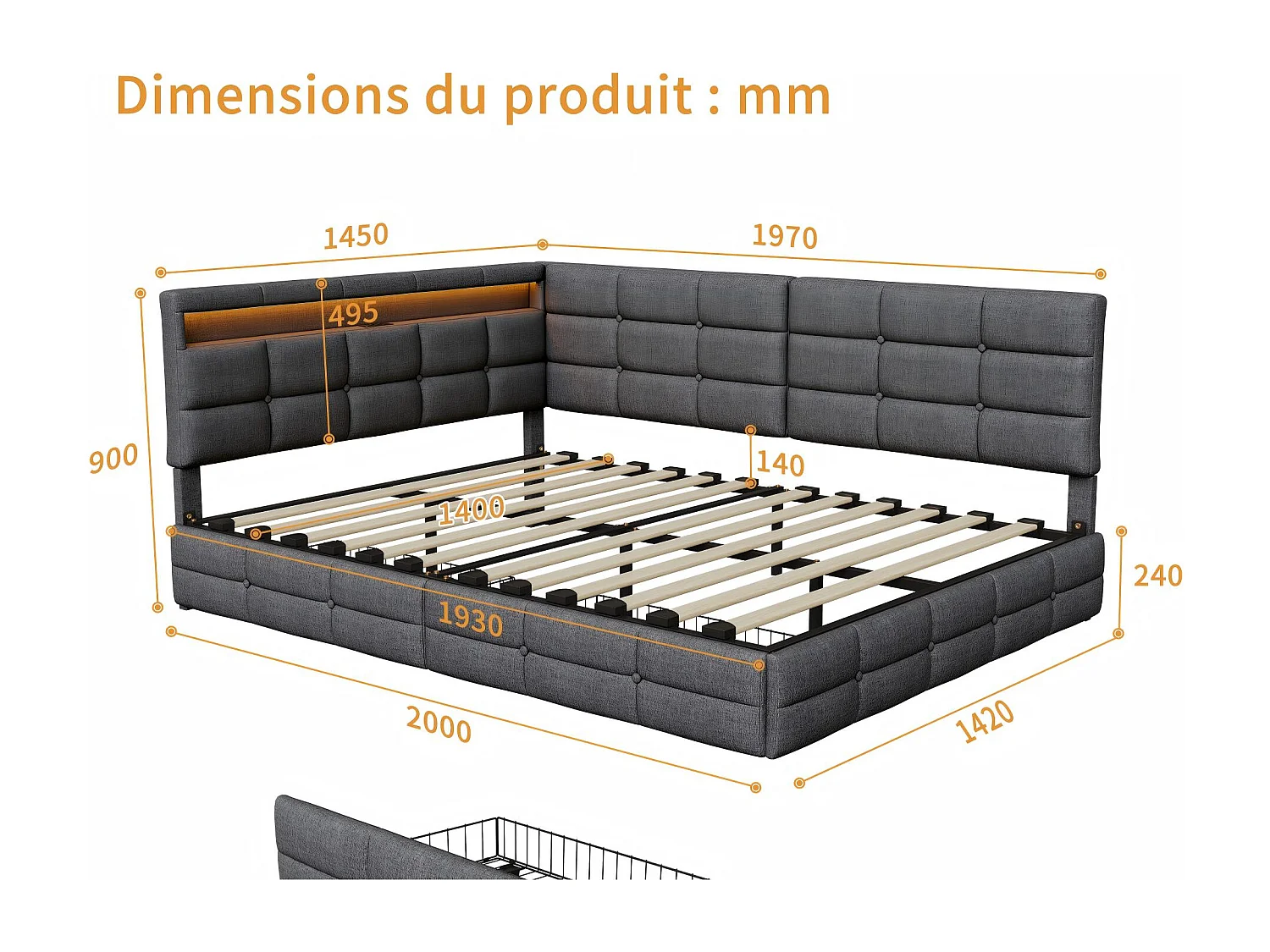 Lit rembourré à tiroirs - 140x190cm - avec LED et sommier à lattes - tissu beige