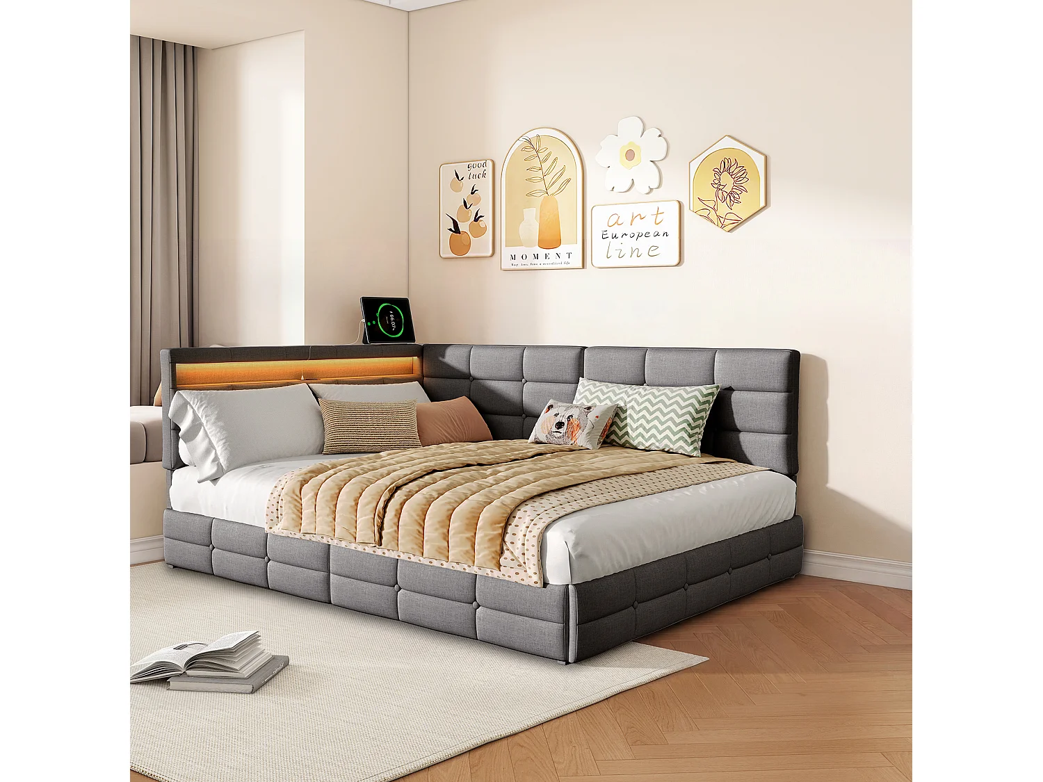 Lit rembourré 140x190 cm avec tiroirs, LED et sommier à lattes – Tissu beige