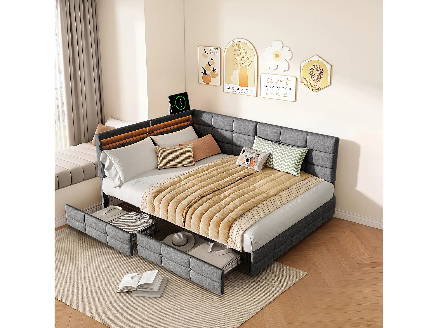 Lit rembourré 140x190 cm avec tiroirs, LED et sommier à lattes – Tissu beige