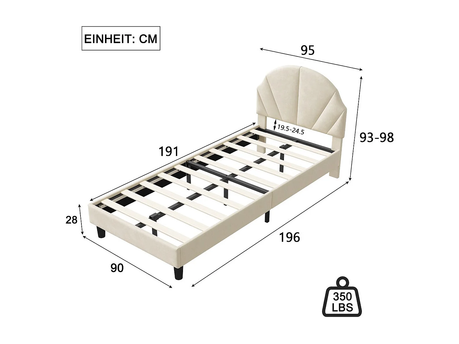 Lit enfant en velours - 90 x 190 cm - tête de lit coquillage rembourrée - Beige