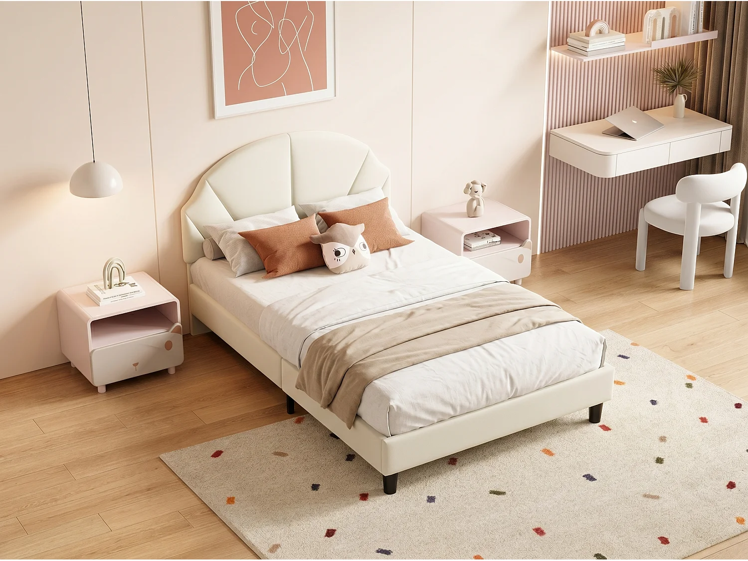 Lit enfant en velours - 90 x 190 cm - tête de lit coquillage rembourrée - Beige