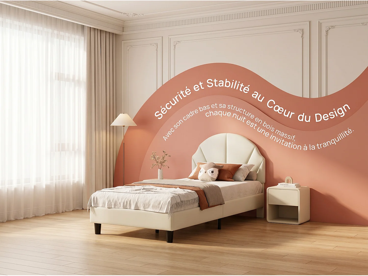 Lit enfant en velours - 90 x 190 cm - tête de lit coquillage rembourrée - Beige