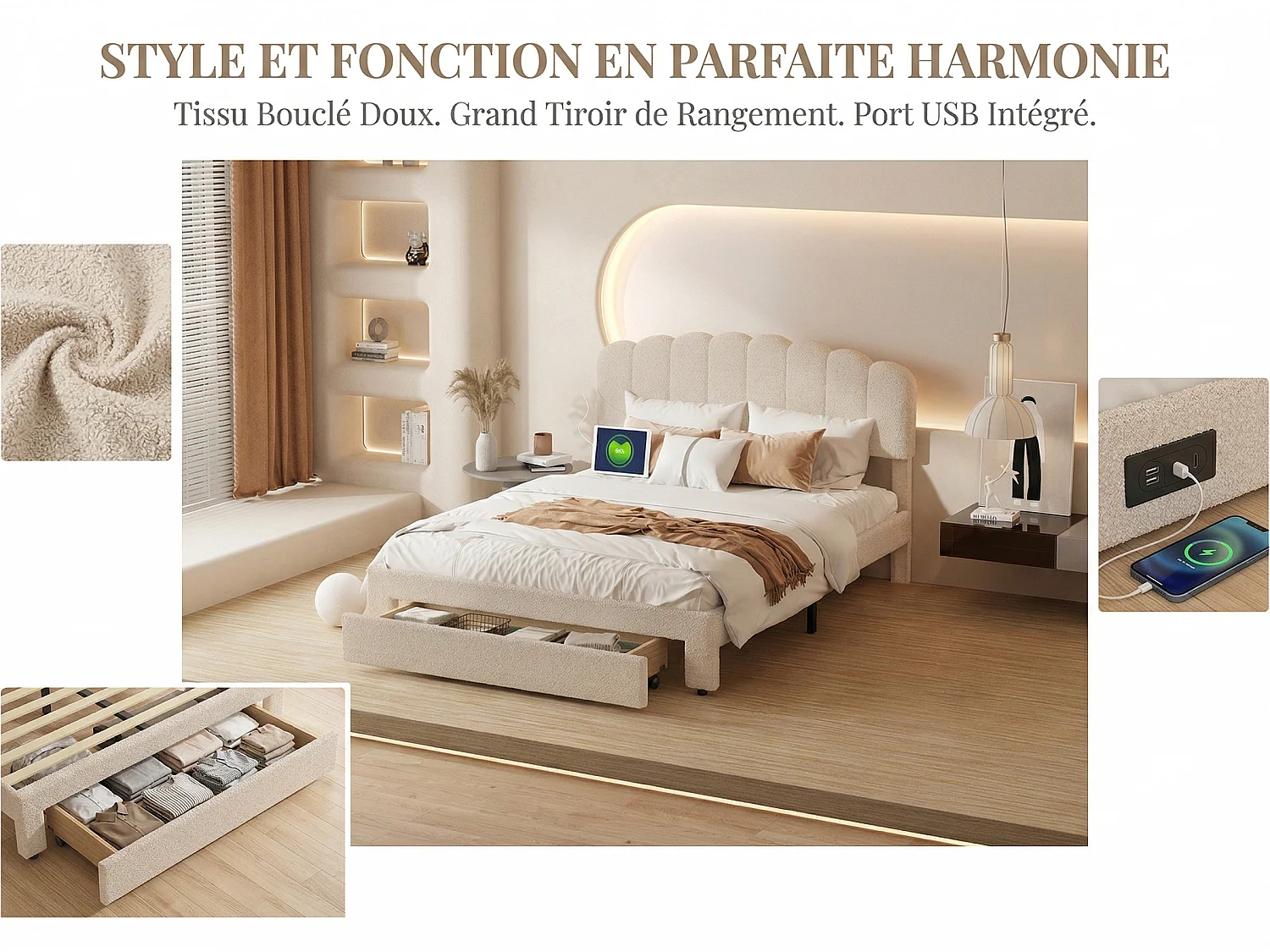 Lit double 160x200 cm beige avec tiroir de rangement, tête de lit rembourrée en tissu bouclé Teddy, lit avec port USB et espace de rangement