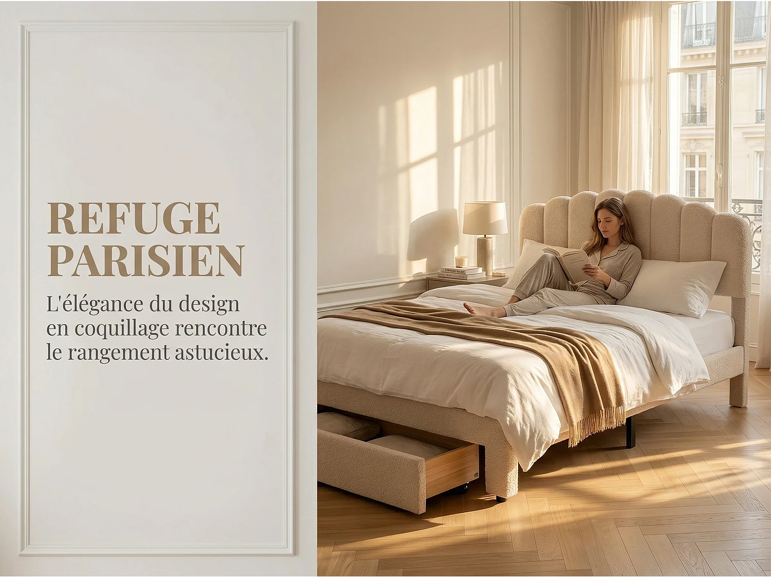 Lit double 160x200 cm beige avec tiroir de rangement, tête de lit rembourrée en tissu bouclé Teddy, lit avec port USB et espace de rangement