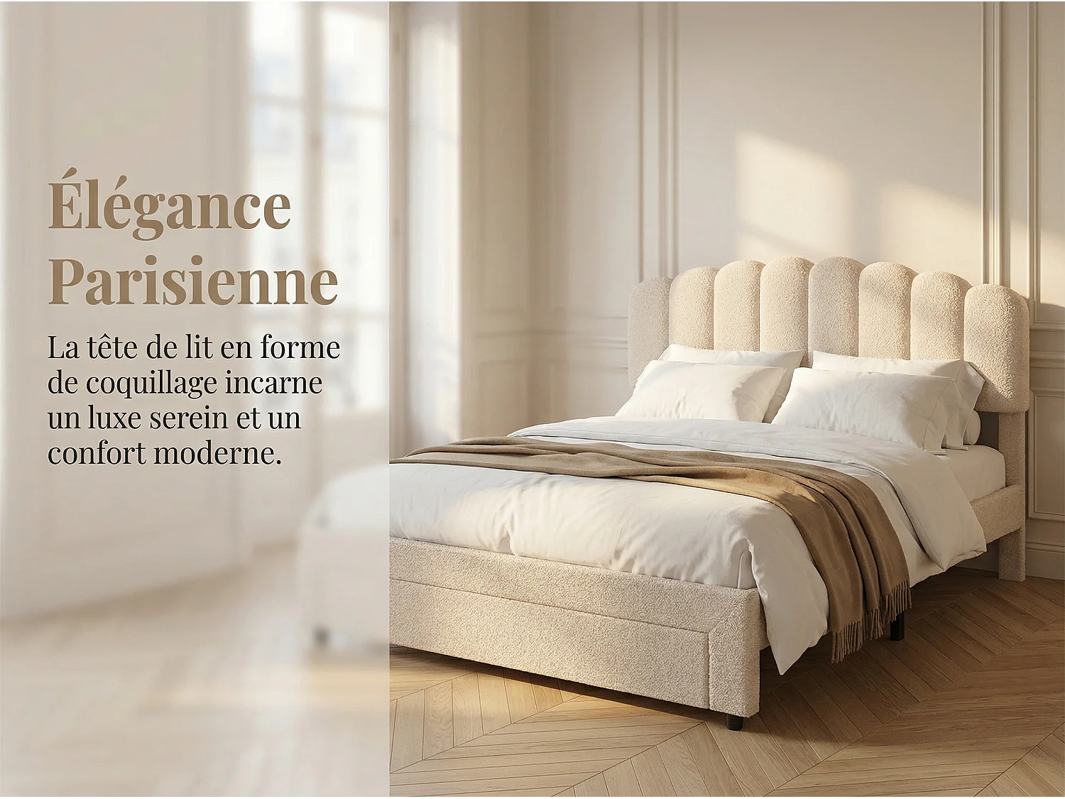 Lit double 160x200 cm beige avec tiroir de rangement, tête de lit rembourrée en tissu bouclé Teddy, lit avec port USB et espace de rangement