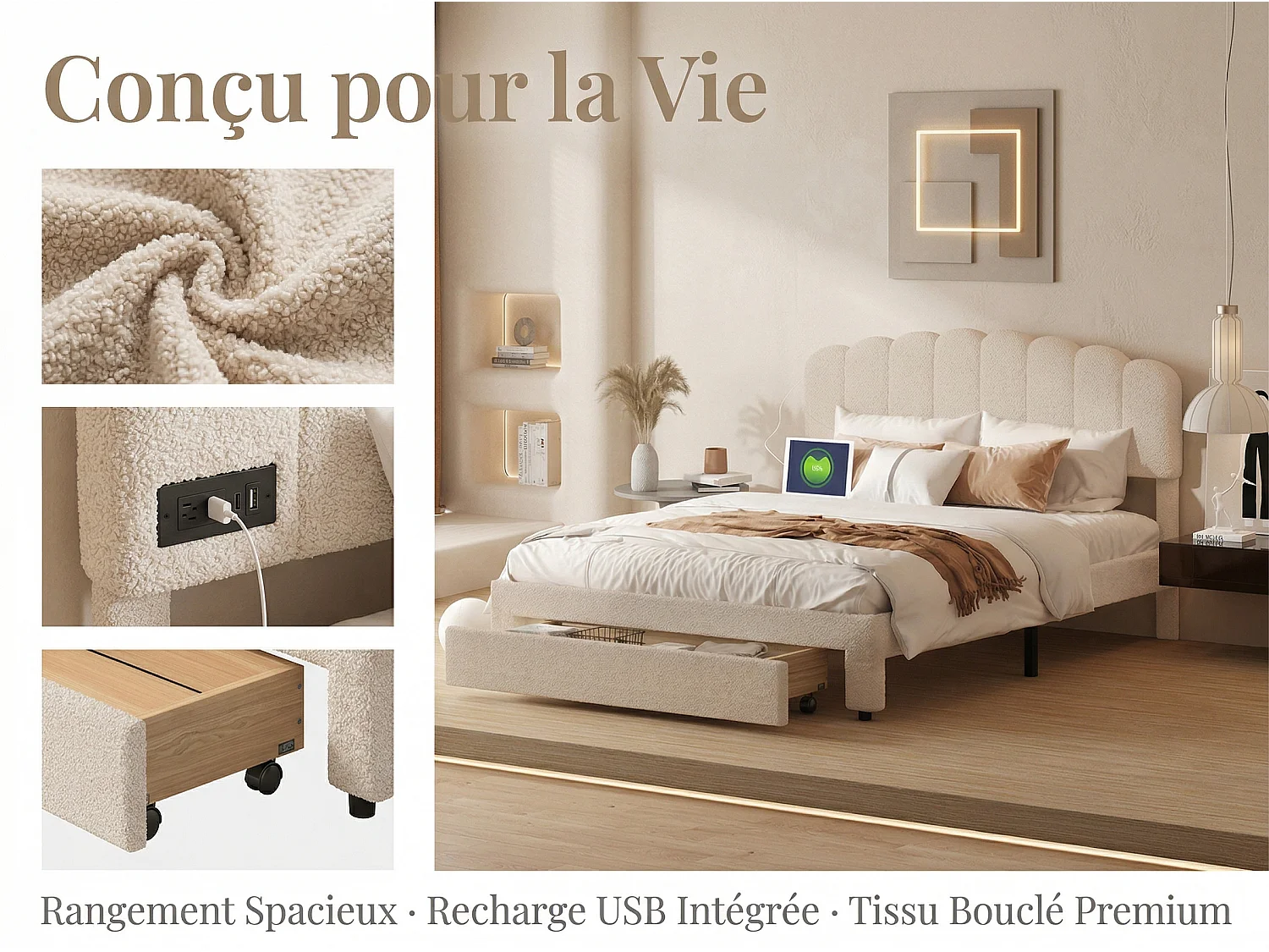 Lit double 160x200 cm beige avec tiroir de rangement, tête de lit rembourrée en tissu bouclé Teddy, lit avec port USB et espace de rangement