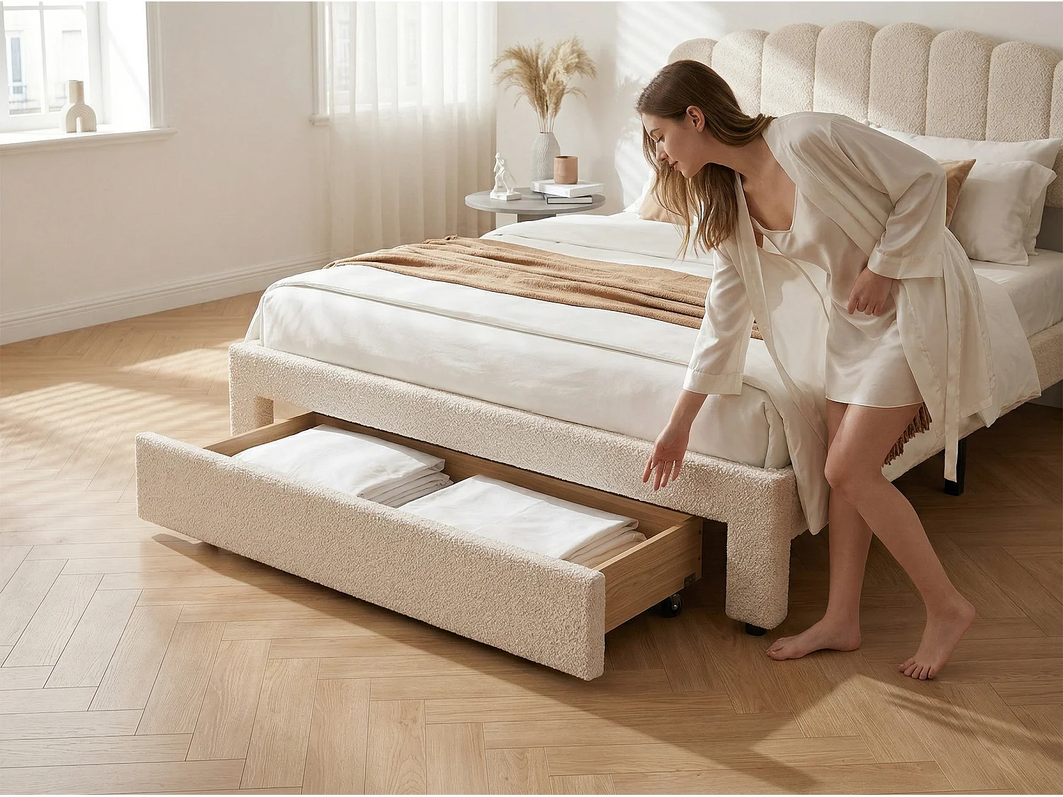 Lit double 160x200 cm beige avec tiroir de rangement, tête de lit rembourrée en tissu bouclé Teddy, lit avec port USB et espace de rangement