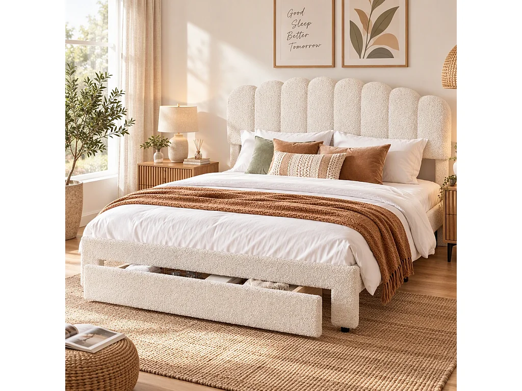 Lit double 160x200 cm beige avec tiroir de rangement, tête de lit rembourrée en tissu bouclé Teddy, lit avec port USB et espace de rangement