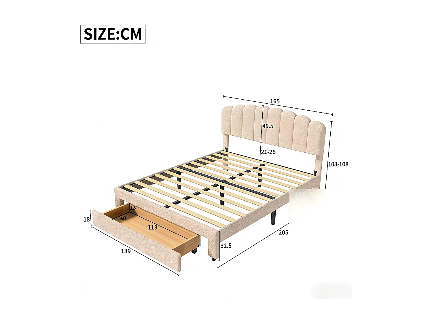 Lit double 160x200 cm beige avec tiroir de rangement, tête de lit rembourrée en tissu bouclé Teddy, lit avec port USB et espace de rangement