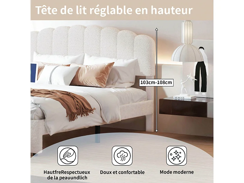 Lit double 160x200 cm beige avec tiroir de rangement, tête de lit rembourrée en tissu bouclé Teddy, lit avec port USB et espace de rangement