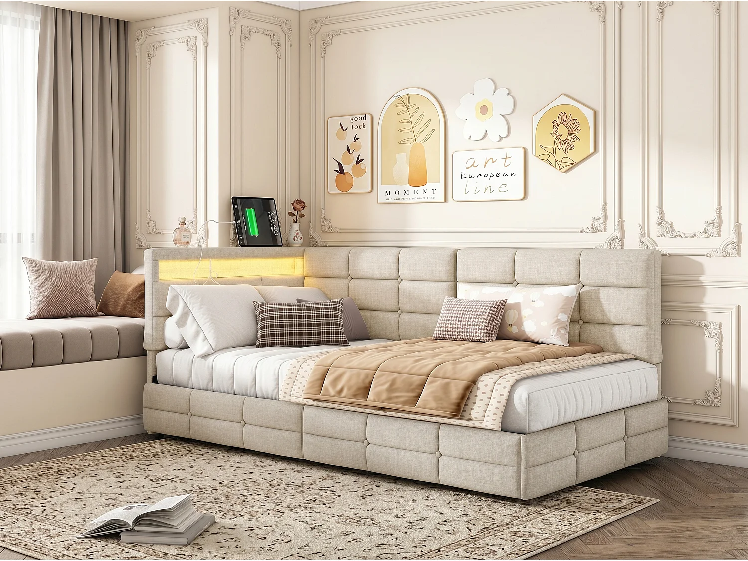 Lit avec rangement - 90x200cm - tissu beige, tête capitonnée avec LED - sommier à lattes
