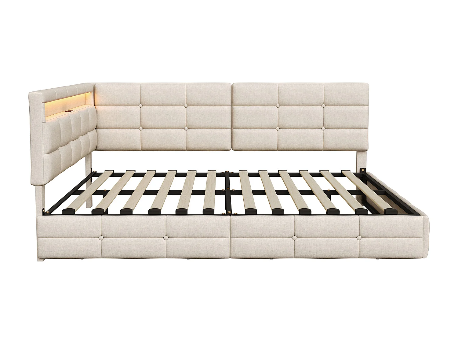 Lit avec rangement - 90x200cm - tissu beige, tête capitonnée avec LED - sommier à lattes