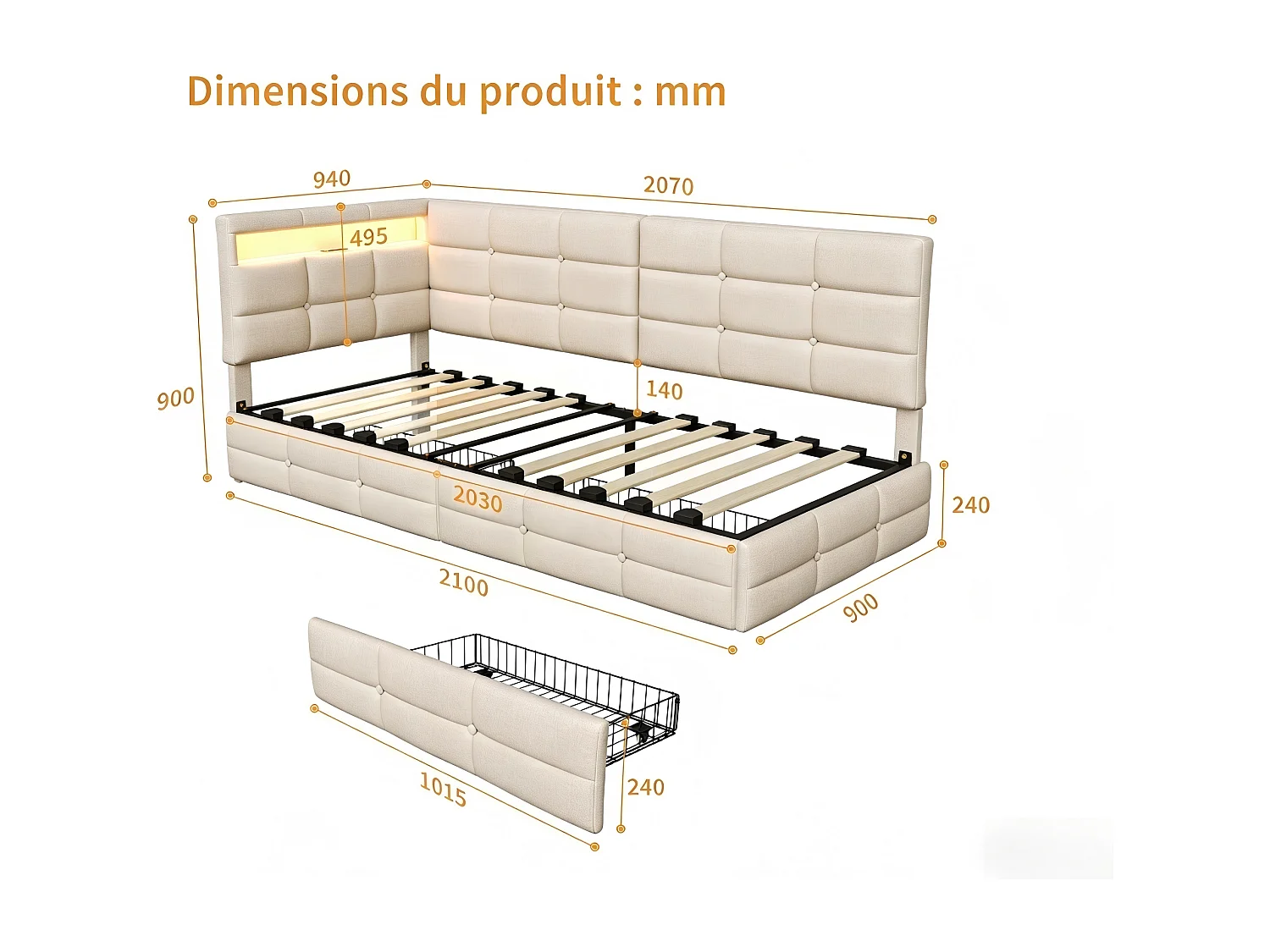 Lit avec rangement - 90x200cm - tissu beige, tête capitonnée avec LED - sommier à lattes