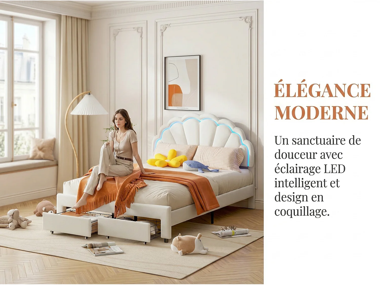 Lit enfant rembourré avec tiroir, style nuage à pétales, velours crème et bleu